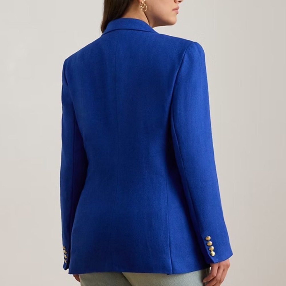 LAUREN RALPH LAUREN Double-Breasted Linen-Cotton Blazer Covolt Blue Size 18 - Picture 2 of 7